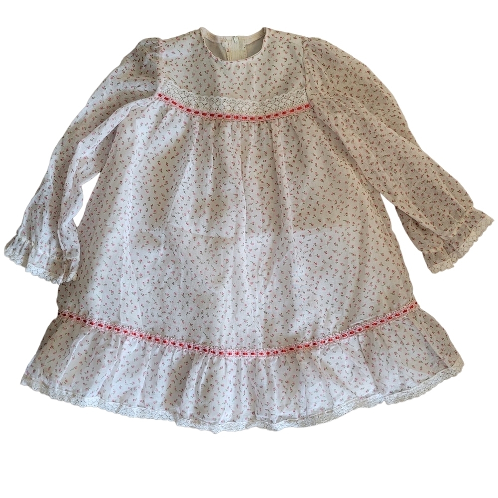 Vintage Rosebud Dress 3-4T Floral Prairie Dress Lace Ruffled Handmade
